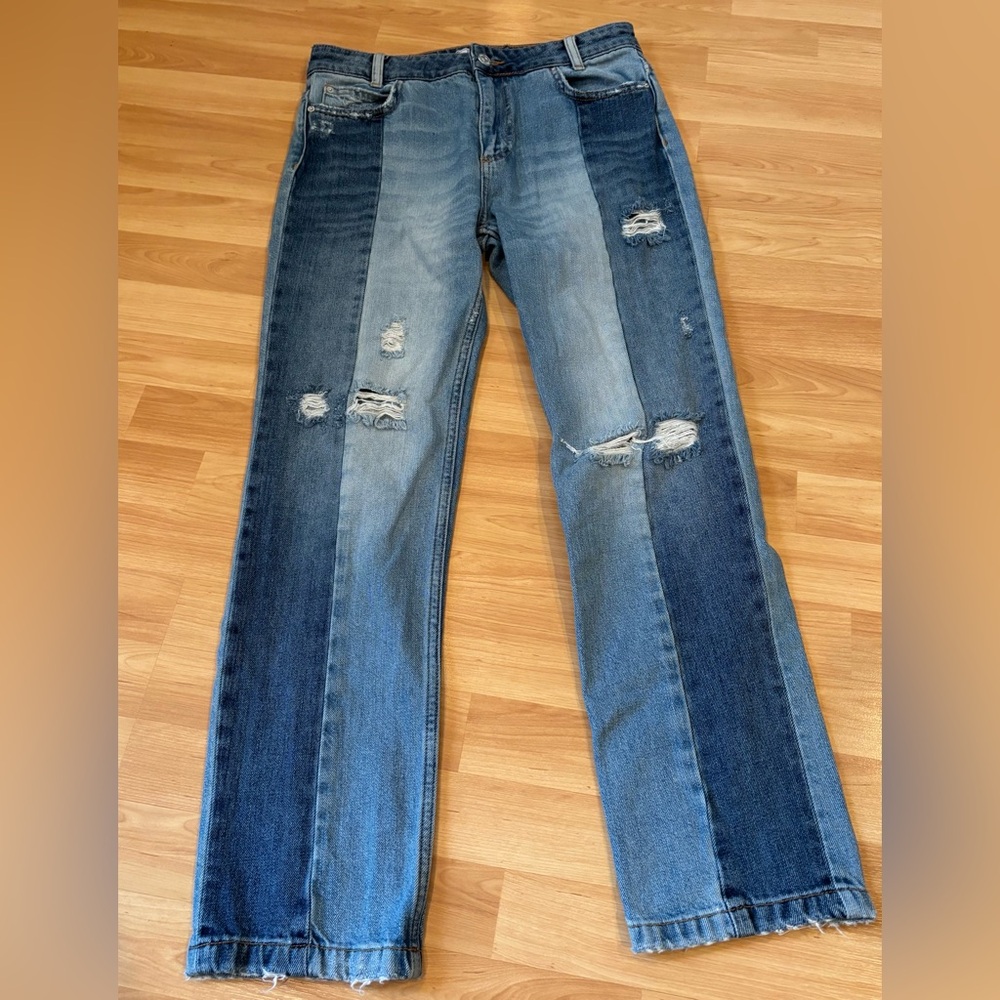 Free People Multi-Blue Patchwork Distressed Jeans - image 4